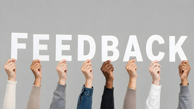 Multiple hands holding feedback signs representing customer opinions collaboration communication workplace evaluation service improvement and team engagement