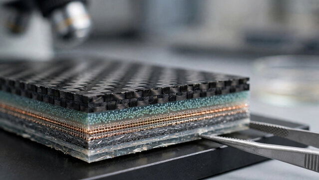 Advanced polymer composite carbon fiber weave test, Mechanical testing carbon fiber composite laboratory, Carbon fiber weave tensile characterization lab