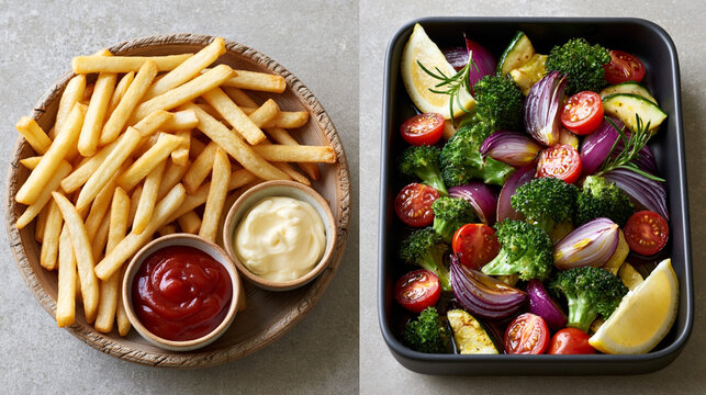 Plate of golden French fries served with ketchup and mayonnaise alongside a colorful vegetable medley including broccoli, tomatoes, and zucchini in a black dish