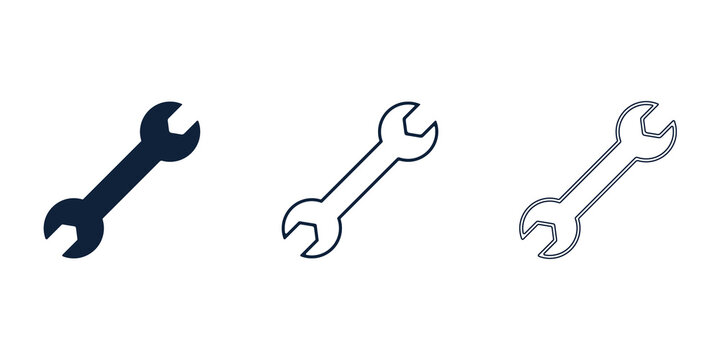 Three variations of wrench icon symbols in flat line and outline style