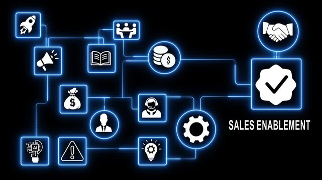 Sales enablement digital network infographic with glowing neon for business growth and marketing strategy