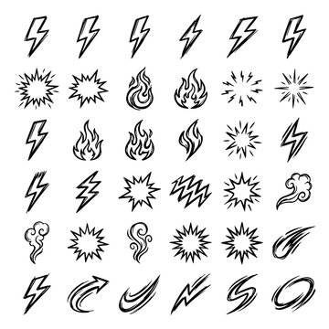 Assorted hand-drawn doodle including lightning bolts, fire flames, explosions, and smoke, black ink on a white background
