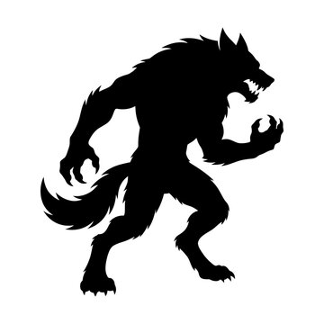 Ferocious werewolf monster silhouette against black. Scary beast vector outline set. Aggressive game character mascot design with sharp claws and fangs. isolated on White Background