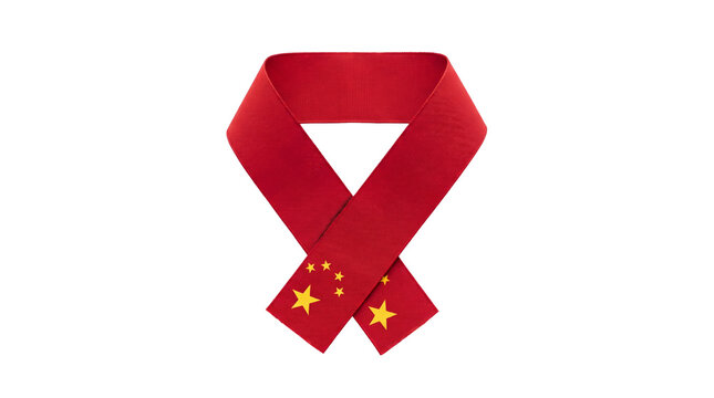 folded red ribbon with yellow stars representing china flag element for chinese national day isolated cutout transparent background