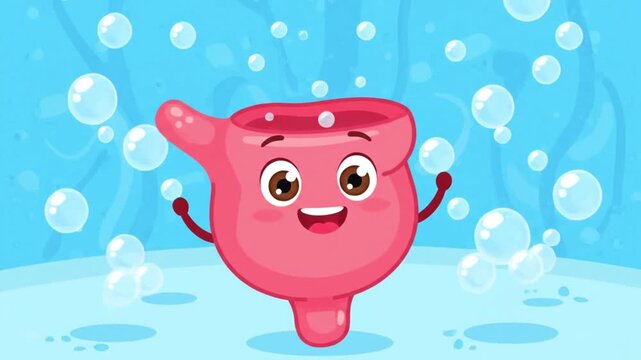Cute Cartoon Bladder Character Winking and Smiling in Bubbles.