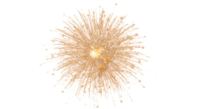 Golden fireworks burst with fine sparkling particles and glowing light rays exploding outward, elegant gold glitter effect isolated on white background ideal for festive celebration graphics