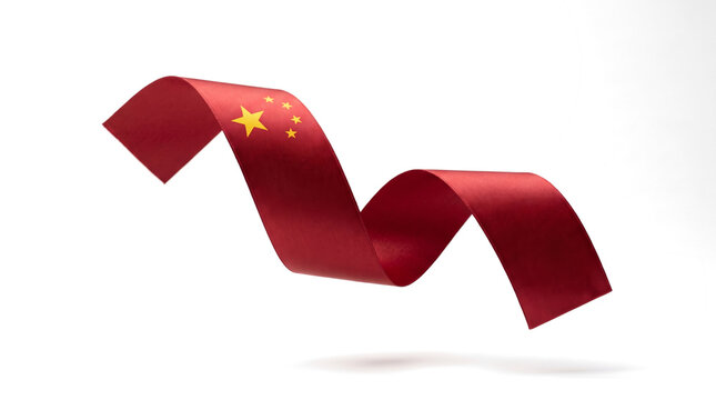 Chinese flag red satin ribbon curling and twisting in 3D illustration with golden stars, glossy fabric texture isolated on white background, ideal for national day banners and decoration