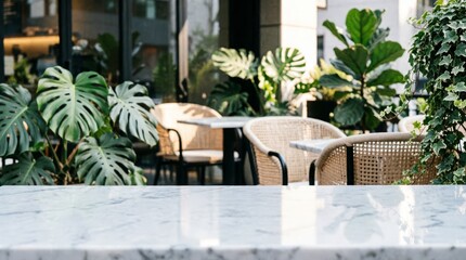 Fototapeta premium Outdoor Cafe with Green Plants and Marble Table for Web Design