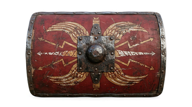 Ancient Roman Scutum Shield with Ornate Winged Emblems Isolated on White Background