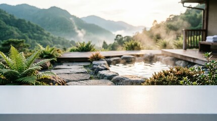 Fototapeta premium Mountain View Hot Spring with Stone Path and Ferns for Relaxation Concept