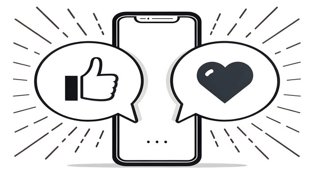 Flat design chat bubbles with thumbs up and heart icons on smartphone screen illustration