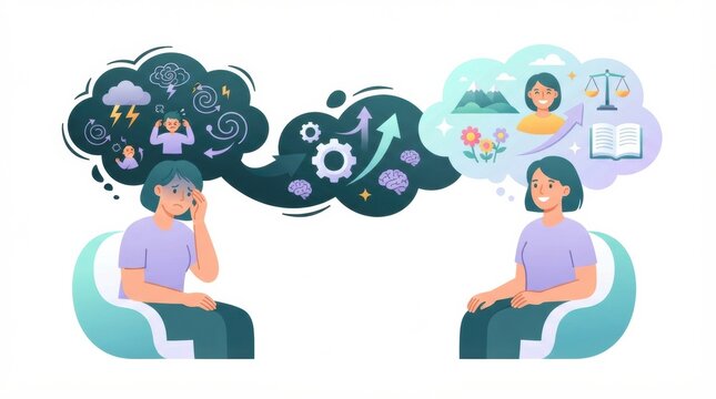 Two people sit in chairs reflecting on stress and relaxation, showcasing thoughts related to mental health and wellness in a creative format.