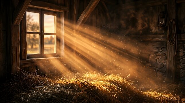 Warm rustic barn interior with golden sunlight streaming through a window, creating a peaceful countryside atmosphere for home, nature and heritage concepts