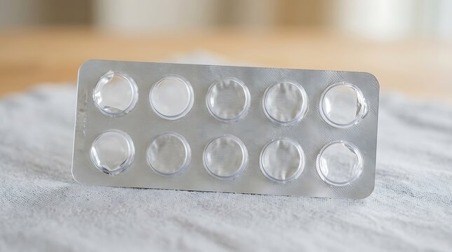 Empty silver blister pack of medicine pills on a white fabric
