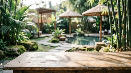 Fototapeta premium Wooden Table in Tropical Garden with Bamboo and Pool for Web Design