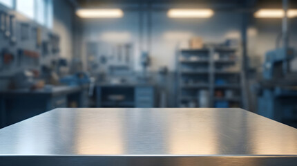 Fototapeta premium Closeup of a brushed metal workbench surface in a blurred industrial workshop background