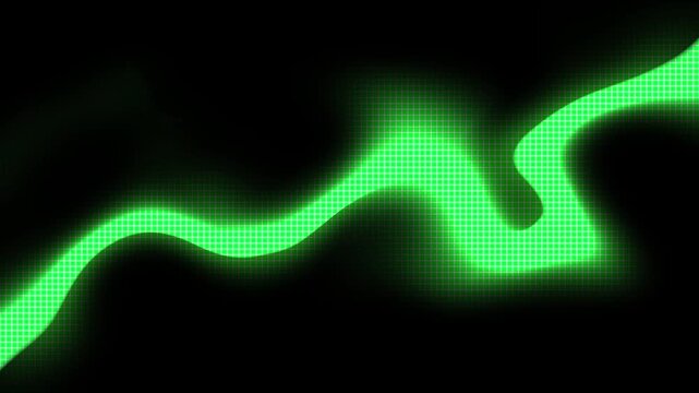 Abstract neon green wave grid with glowing digital pixel pattern on black background futuristic technology