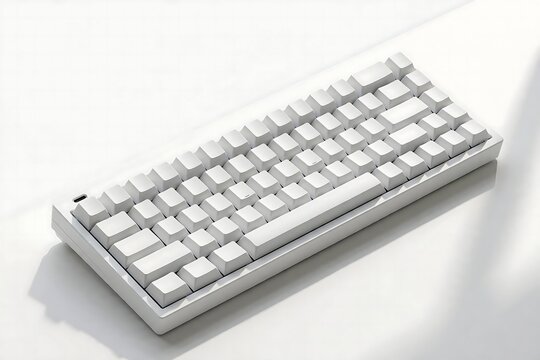 Mechanical computer keyboard featuring blank white keycaps rests diagonally on a bright polished desk surface under soft directional sunlight and cast shadows.