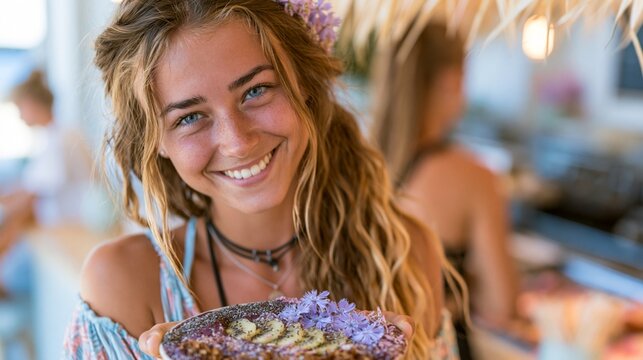 Customers ordering colorful smoothie bowls at a trendy vegan cafe bar