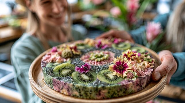 Customers ordering colorful smoothie bowls at a trendy vegan cafe bar