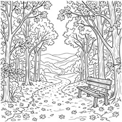 Naklejka premium A peaceful forest path winding through autumn trees with a wooden bench, fallen leaves, and distant rolling hills in a black and white