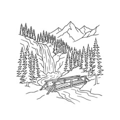 Fototapeta premium Black and white line of a scenic mountain landscape with a waterfall flowing into a river crossed by a wooden bridge near trees