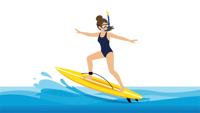 Active young woman in swimsuit surfing on a yellow board while wearing a professional snorkel mask.