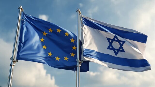eu flag and israeli flag waving in blue sky. relations between european union and israel