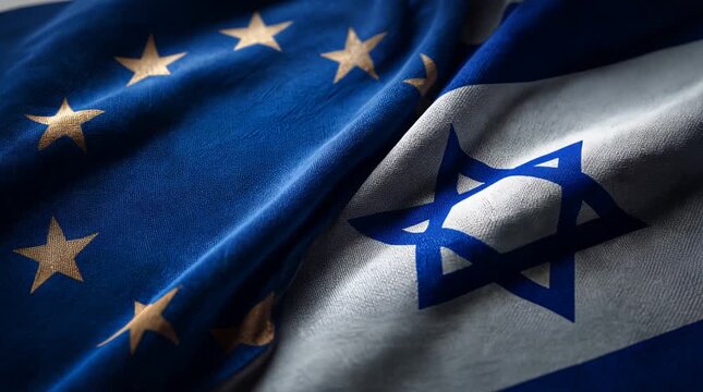 eu flag and israeli flag waving. relations between european union and israel