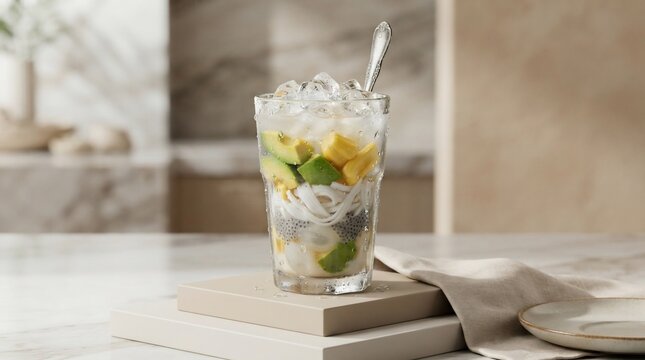 Refreshing cold beverage with ice and fruit toppings