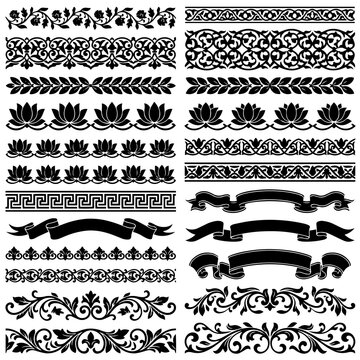 Comprehensive set of black decorative borders and ribbons featuring floral and geometric patterns isolated on a plain white background