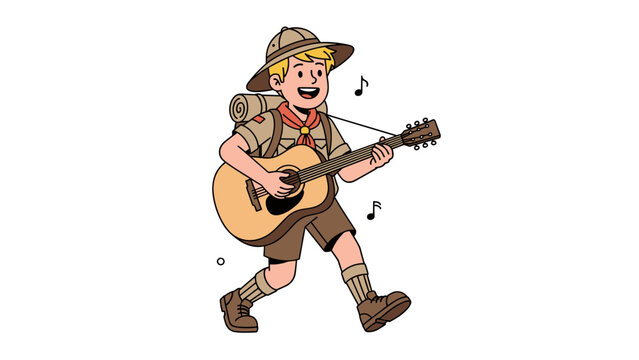 Happy boy scout with a backpack walking and playing an acoustic guitar while singing a song on a white background.