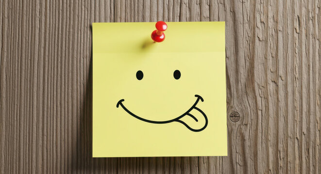 A bright yellow square sticky note featuring a playful hand-drawn smiley face with a tongue sticking out, securely pinned to a textured vertical wooden board surface for a charming office aesthetic.