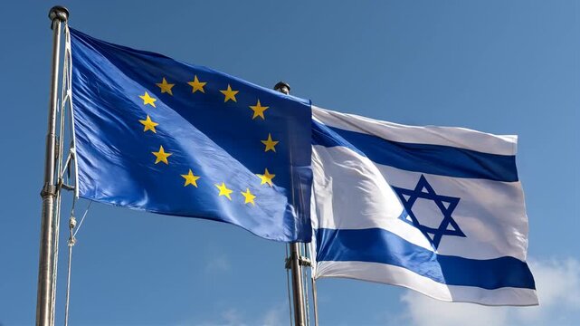 eu flag and israeli flag waving in blue sky. relations between european union and israel
