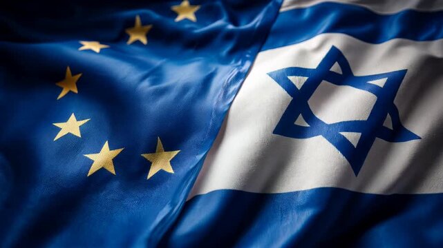 eu flag and israeli flag waving. relations between european union and israel