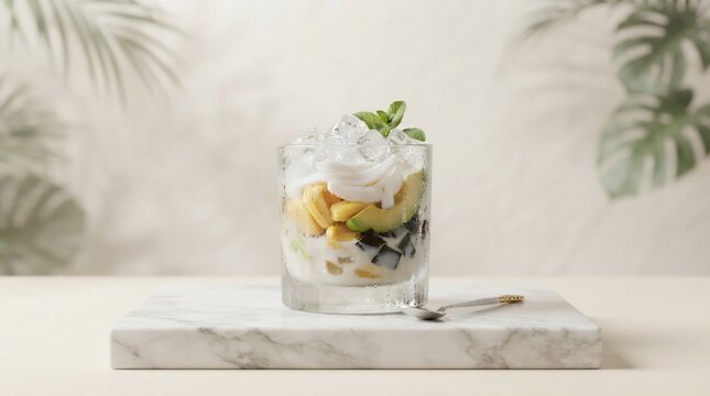 Refreshing dessert with fruit and cream in a glass