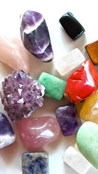 Natural minerals in hand. Semi-precious multi-colored stones, minerals close-up. Mineralogy. Collection of minerals.	