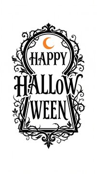 Happy Halloween typographic design with ornate frame and crescent moon on white background