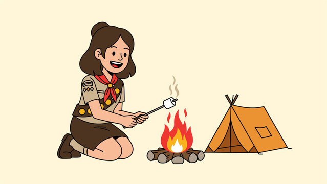 Cute girl scout roasting a sweet marshmallow over a cozy campfire next to her tent during an outdoor camping trip.