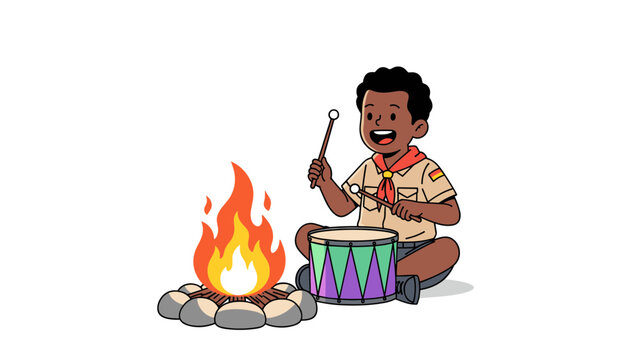 Happy boy scout in uniform sitting on the ground and playing a colorful drum next to a warm campfire during a camp trip.