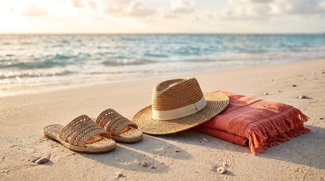 Summer beach vacation essentials with straw hat, towel, and flip flops on sandy shore by ocean waves
