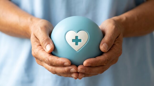Nurse or doctor holding a blue medical sphere with a white heart and cross symbol for health