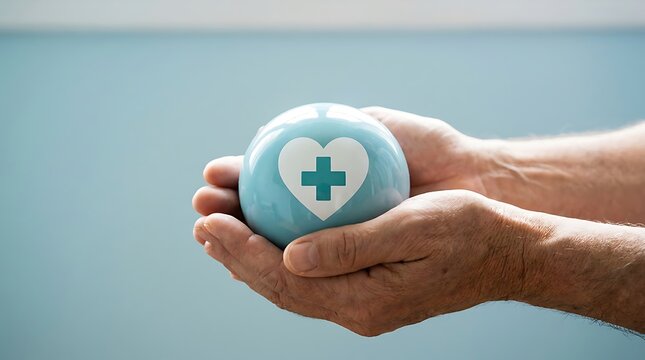 Medical worker holding a light blue globe with healthcare symbol representing global medicine