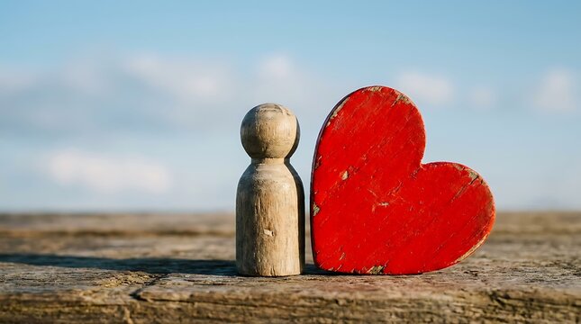 Wooden peg doll standing next to a large red heart on a rustic wooden table with sky