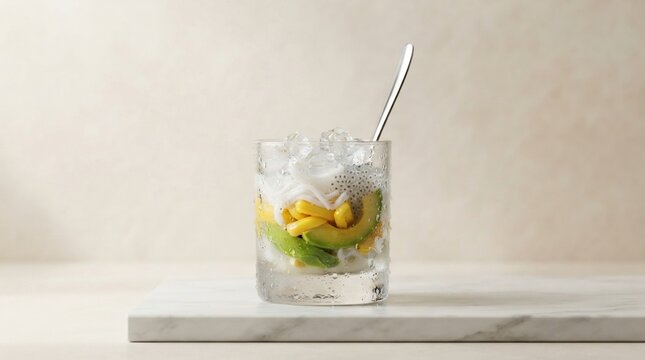Refreshing fruit dessert with ice and spoon