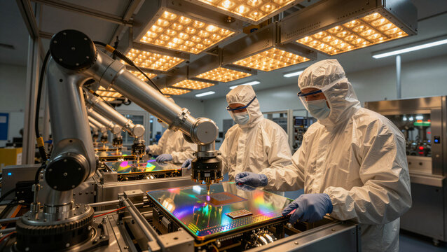 Engineers in Cleanroom Bunny Suits Handling Silicon Wafer in Semiconductor Fab