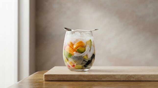 Refreshing fruit drink with ice and spoon in clear glass
