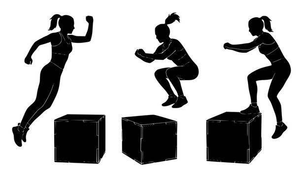 Athletic Women Box Jump Silhouette Collection for Fitness Training and Sports Exercise Vector Illustration