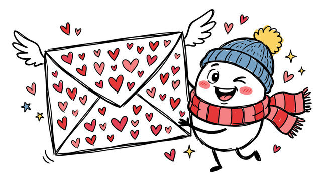 Valentine's day snowman holding heart shaped love letter with wings for romantic concept