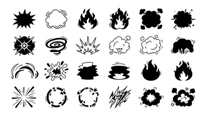 Cartoon explosion doodle vector set with comic blasts bursts flames smoke and dynamic impact effects © HASAN